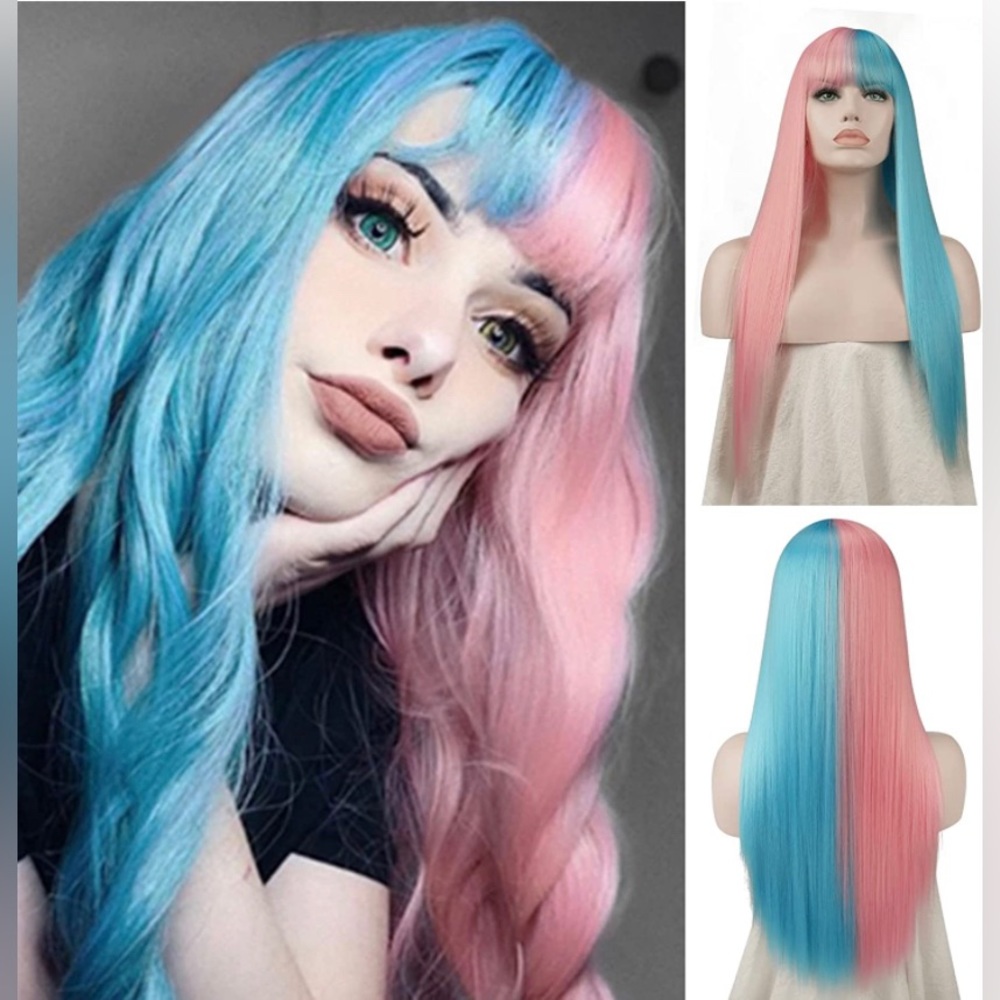 26 Inch Long Straight Wig with Bangs Half Pink and Half Blue Hair Cosplay Anime